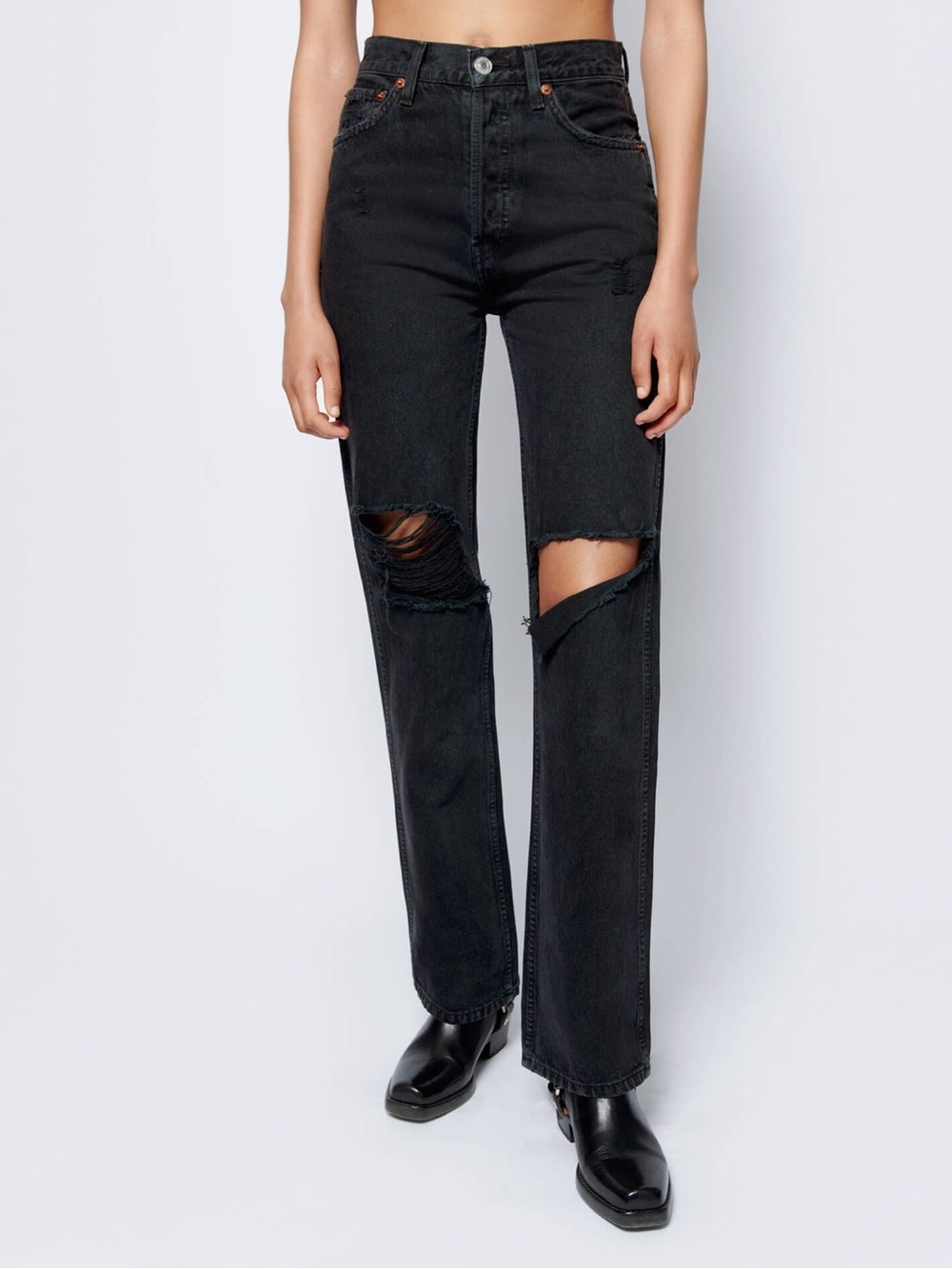 Re/Done High Rise Loose Straight Leg Black Denim Distressed Jeans Size 25